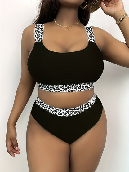 Plus Size Solid Leopard Print Bikini Set