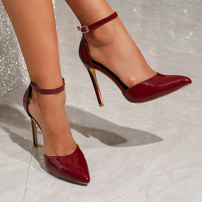 Elegant Women's Burgundy Stiletto Sandals - Sleek Pointed Toe with Side Cut-Out, Faux Cover Strap & Rubber Sole, Perfect for Evening Events, Stiletto Heels