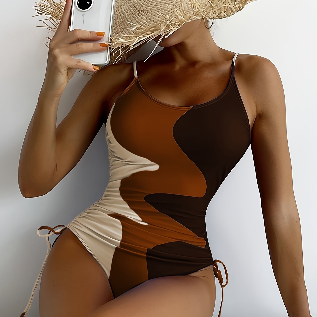 Blue Color Block Drawstring One-piece Swimsuit, Spaghetti Strap High Stretch Bathing Suits, Women's Swimwear & Clothing