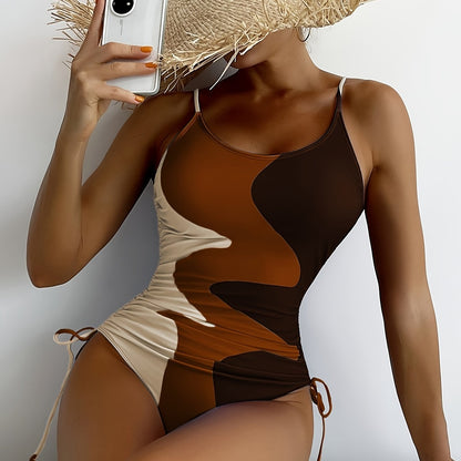 Blue Color Block Drawstring One-piece Swimsuit, Spaghetti Strap High Stretch Bathing Suits, Women's Swimwear & Clothing