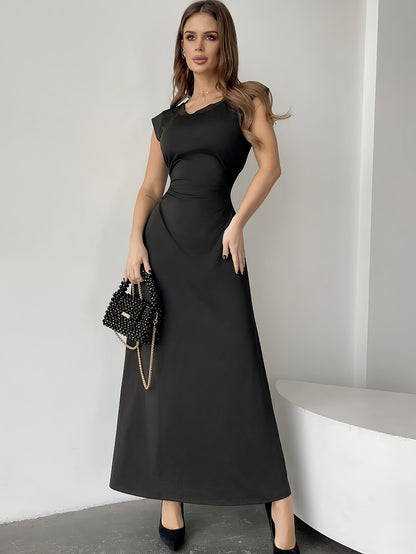 Elegant Peplum Maxi Dress for Women - Polyester Blend, Crew Neck, Solid Color, Sleeveless, Woven Summer Dress