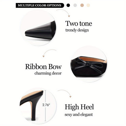 Women'S Two Color Bow Tie Mueller Shallow Dating Shoes Heels Closed Pointed Toe Slip On Backless Wedding Dress Shoes
