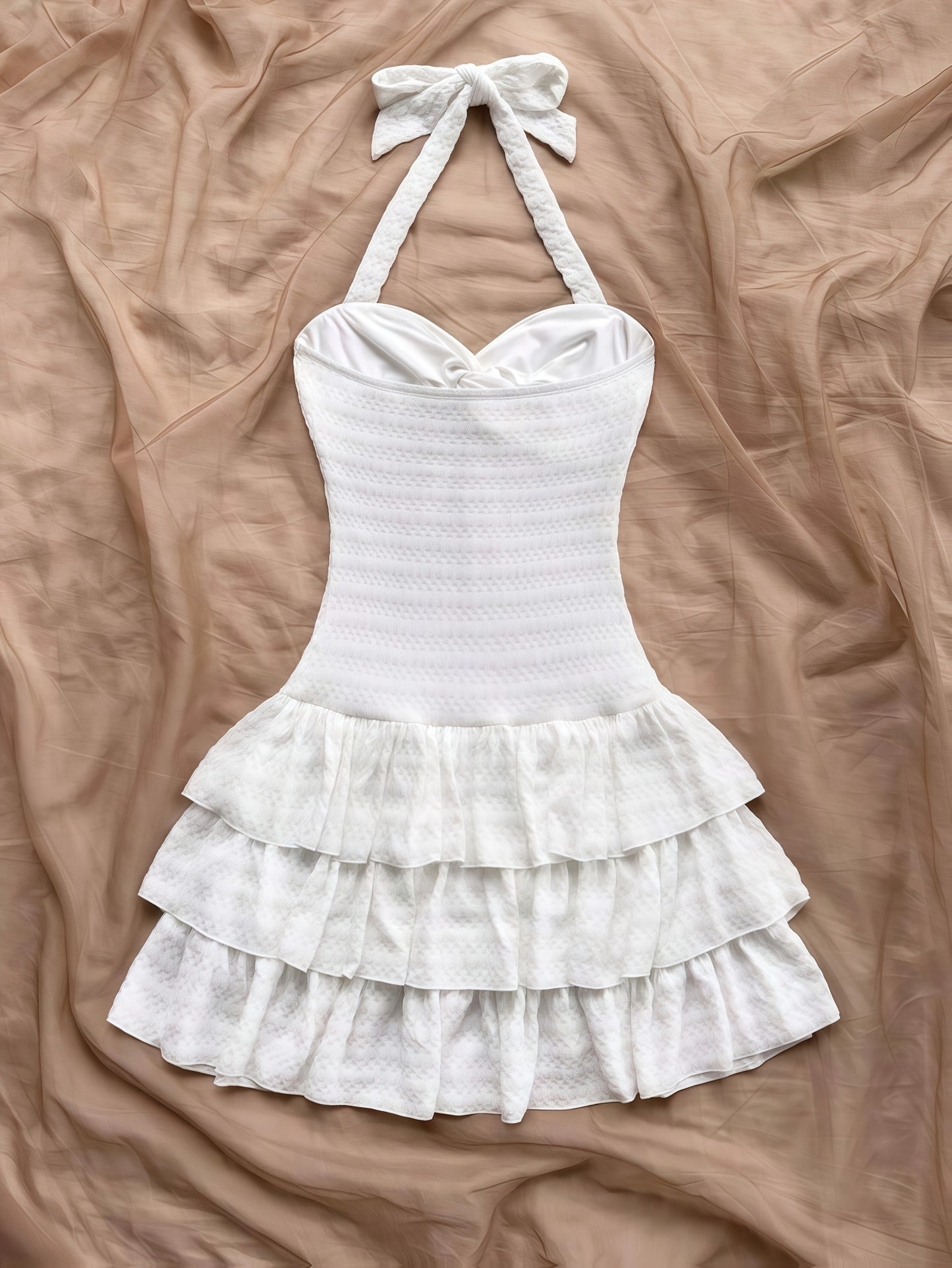 A Stylish And Elegant Summer Dress for Women, Featuring an Off-Shoulder Design with Elastic Ruffled Bodice, Tie Neck, Bow, And Layered Ruffled Skirt. This Mini Dress Can Be Worn for Holidays, Valentine'S Day, Christmas, Parti