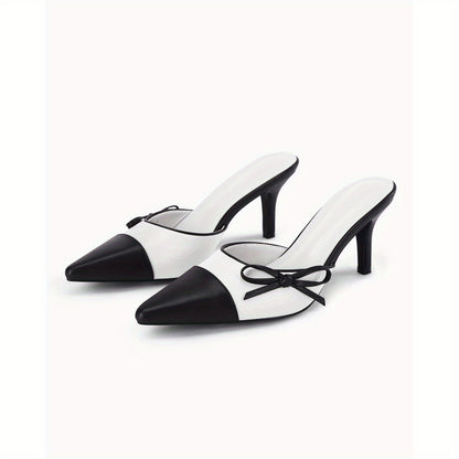 Women'S Two Color Bow Tie Mueller Shallow Dating Shoes Heels Closed Pointed Toe Slip On Backless Wedding Dress Shoes