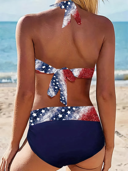Patriotic Glitter Print Halter Neck Bikini Set, Long Sleeve Swimwear with Lace-up Detail, High Stretch Polyester & Spandex Knit Fabric, 195gsm Thickness, Conventional Bottom, American Flag Design for Swimming