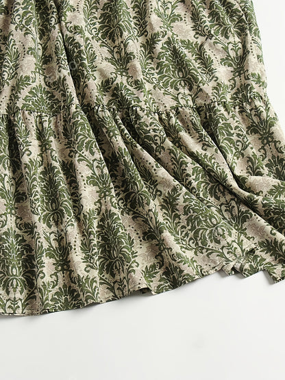 ZD122951 Floral Print Strapless Bow Back Summer Dress - A-Line Waist Accentuating Vacation Dress for Women, Polyester Blend, Green & Beige, Machine Washable, Elegant Beach & Garden Party Outfit, Beach Dresses