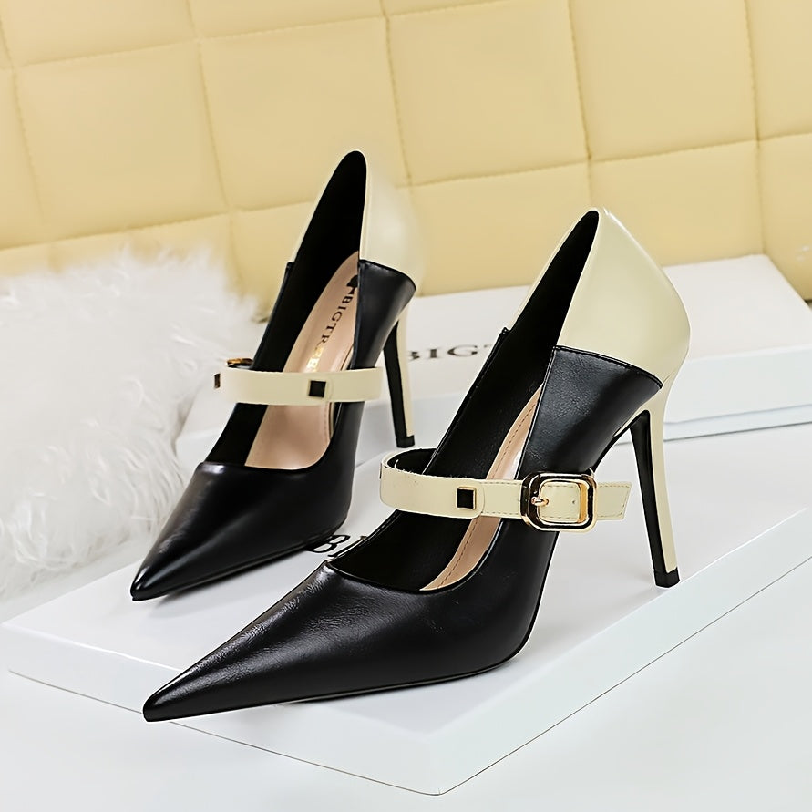 [Two-Tone Stiletto] Elegant Two-Tone Stiletto High Heels for Women | 1 Pair | PU, Rubber Sole | Pointed Toe, Ankle Strap | Versatile Season Footwear | Elegant