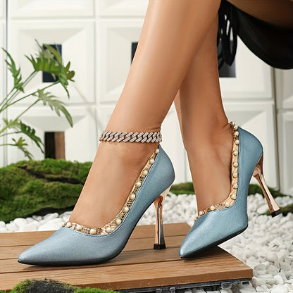 Elegant Peacock Blue Women'S High Heels with Pearl Studs - Sexy Ramadan Fashion, Versatile Peacock Blue Party Shoes, Lightweight Mid-Height Stiletto Pumps with Pointed Toe and TPR Sole