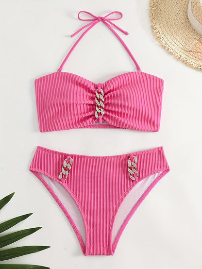 Rhinestone Chain Decor Texture Fabric 2 Piece Set Bikini, Halter Tie Neck High Waist White Swimsuits - Women's Swimwear & Clothing - For Carnival & Music Festival - For Women - Perfect for Summer Beach Vacation