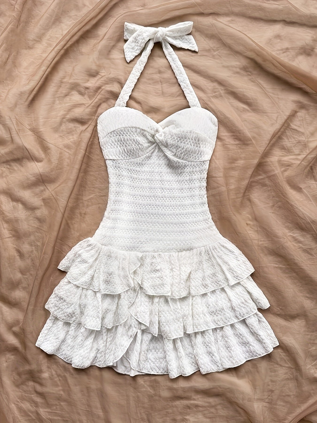 A Stylish And Elegant Summer Dress for Women, Featuring an Off-Shoulder Design with Elastic Ruffled Bodice, Tie Neck, Bow, And Layered Ruffled Skirt. This Mini Dress Can Be Worn for Holidays, Valentine'S Day, Christmas, Parti