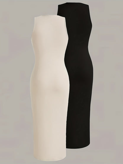 Solid Crew Neck Tank Dress 2 Pack, Versatile Sleeveless Slim Summer Dress, Women's Clothing