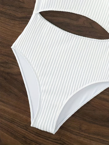 White Off the Shoulder One Piece Swimsuit - High Cut, Hollow Out, High Stretch, Sexy Polyester Knit Fabric - Solid Color, No Printing, Sheer-Free, Womens Swimwear & Clothing