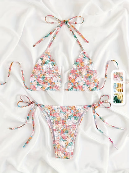 Floral Print Shirred Halter 2 Piece Set Bikini, Triangle Tie Strap Stretchy Swimsuits, Women's Swimwear & Clothing