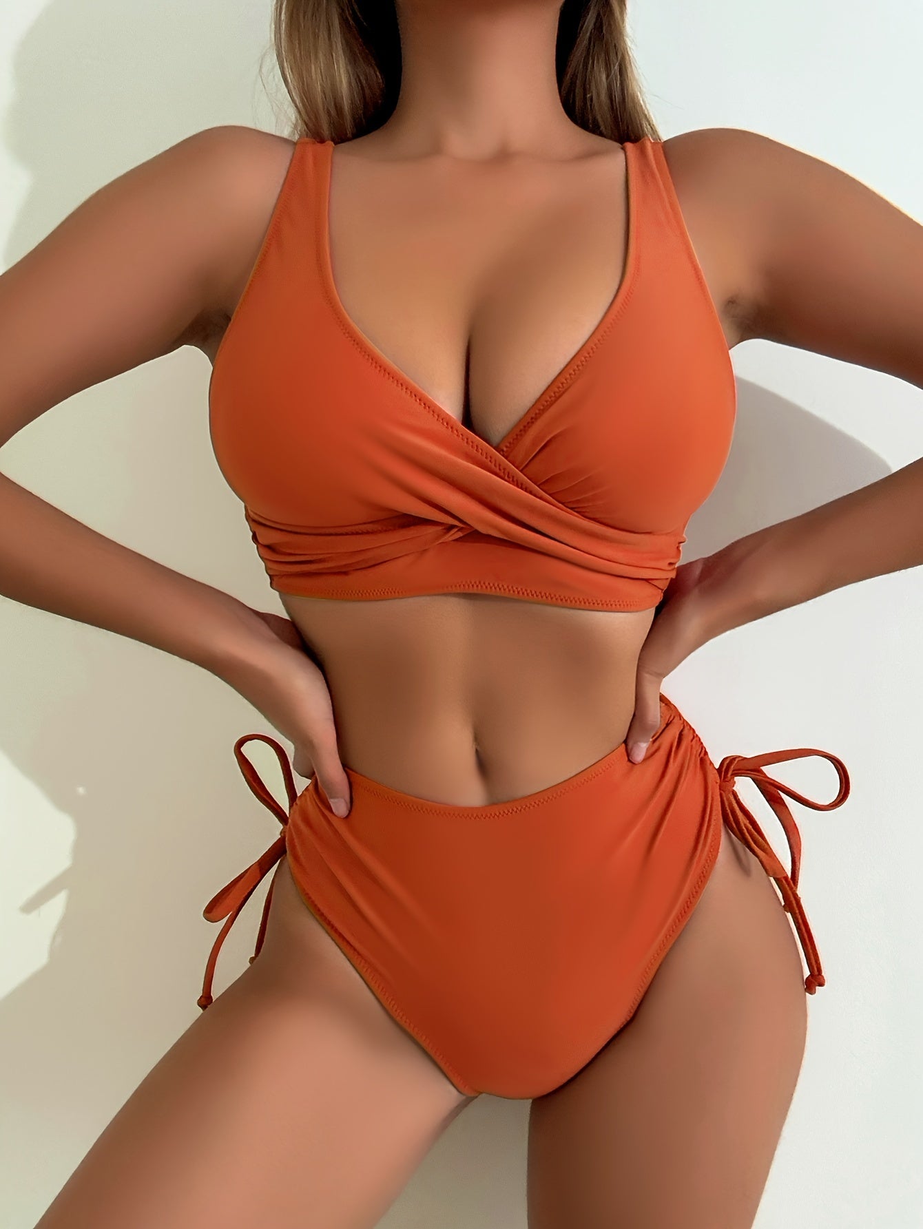 2 Piece Set Bikini - V Neck Criss Cross Straps, Tie Side, High Waist, Solid Color, Layered, Comfortable, Flattering, Women's Swimwear & Clothing for Beach Vacation