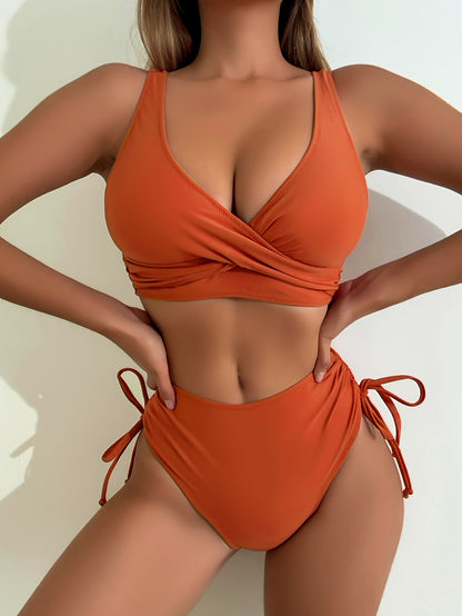 2 Piece Set Bikini - V Neck Criss Cross Straps, Tie Side, High Waist, Solid Color, Layered, Comfortable, Flattering, Women's Swimwear & Clothing for Beach Vacation
