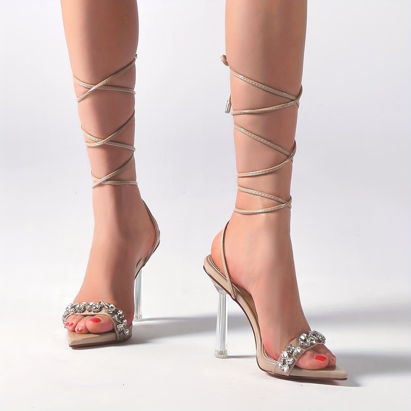 Vivianly Strappy Stiletto Clear High Heels Rhinestone Lace Up Heeled Sandals Pointed Toe Pumps Wedding Bride Dress Shoes