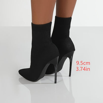 1pr Women'S Mid-Calf Sock Boots - Casual Solid Color Slip-On Pointed Toe Stiletto Heels with Knitted Fabric Upper, Inner & Sole, Flannel Insole - All-Season Stretchy Knit Ankle Booties