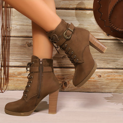 Tribal Style Women's Mid-Calf Boots with Block Heels - Casual Solid High Heel Lace-Up Booties with Side Zip Closure, Fabric Upper and Inner, TPR Sole - Dry Clean Only, Middle East Collection