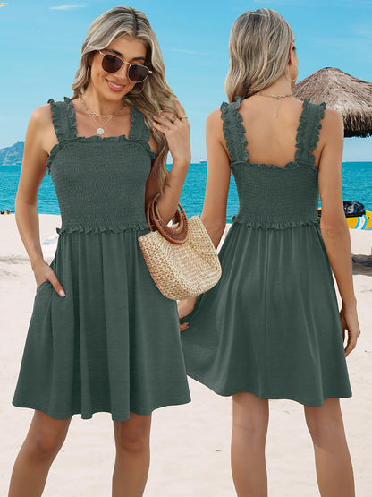 Women'S Smocked Mini Dress - Square Neck Sleeveless Summer Dress With Pockets, Flowy Beach Dress, Vacation Outfit, Spring & Summer Casual Dress