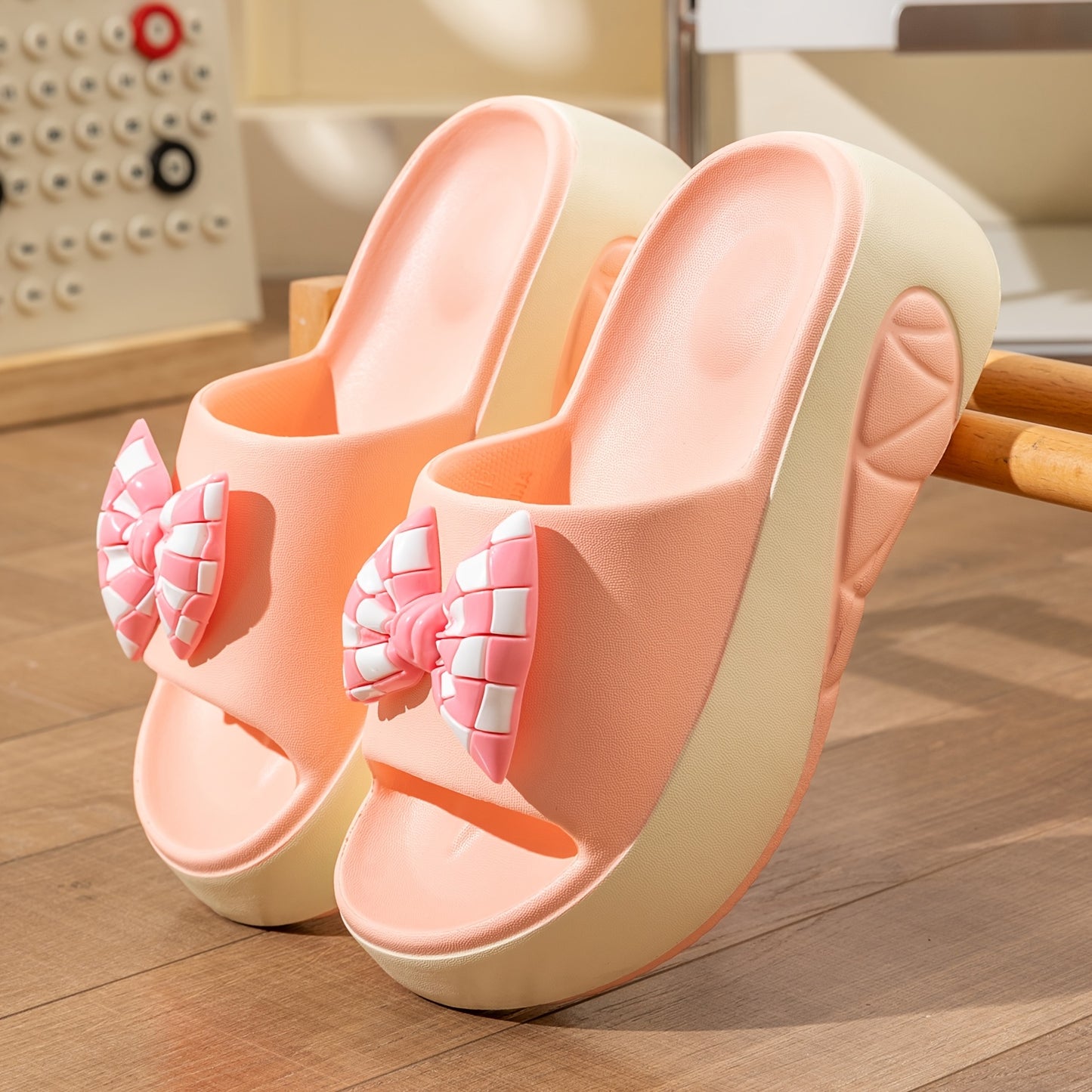 [Chic Summer Sandals] Non-Slip Thick Sole Summer Women's Slide Sandals - Chic EVA Wedge Heels with Bow Detail, Versatile Solid Color