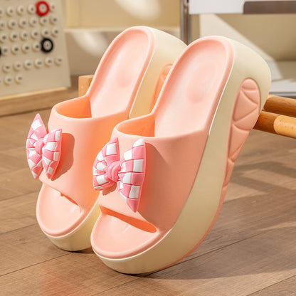 [Chic Summer Sandals] Non-Slip Thick Sole Summer Women's Slide Sandals - Chic EVA Wedge Heels with Bow Detail, Versatile Solid Color