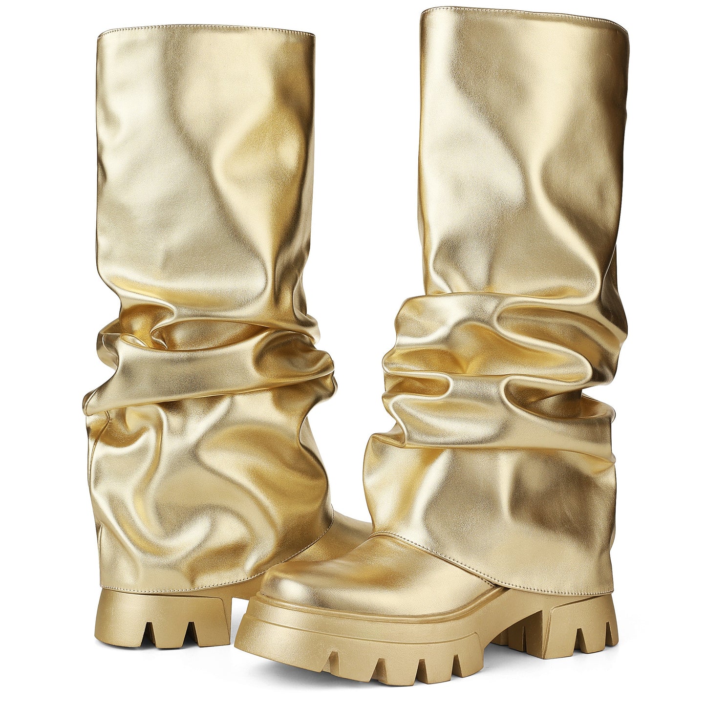 Women's Platform Knee High Boots Fashion Pleated Chunky High Heels Round Toe Fold Over Pull On Slouchy Shark Boots
