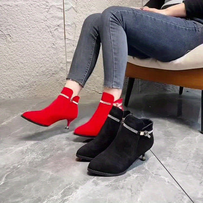 [Metal Buckle Ankle Boots] Velour Thick Pointed Mid-Heels Metal Buckle Ankle Boots - Autumn and Winter Fashion Women's Boots