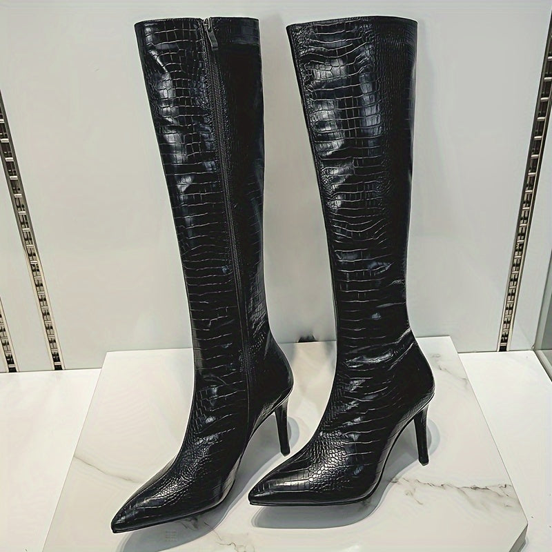 VIPMRSKING Women's Knee-High Boots - Sexy Glossy Croc-Embossed Stiletto Heels with Pointed Toe, Side Zipper Closure, Fabric Insole and Rubber Sole - Ultrahigh Heel Fashion Footwear from Huizhou