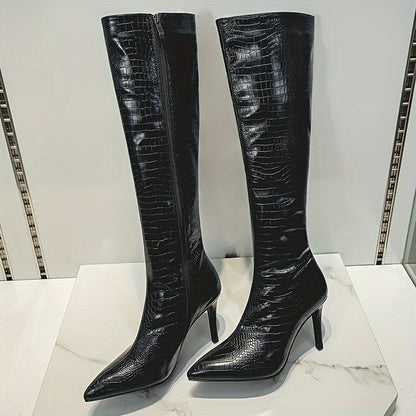 VIPMRSKING Women's Knee-High Boots - Sexy Glossy Croc-Embossed Stiletto Heels with Pointed Toe, Side Zipper Closure, Fabric Insole and Rubber Sole - Ultrahigh Heel Fashion Footwear from Huizhou