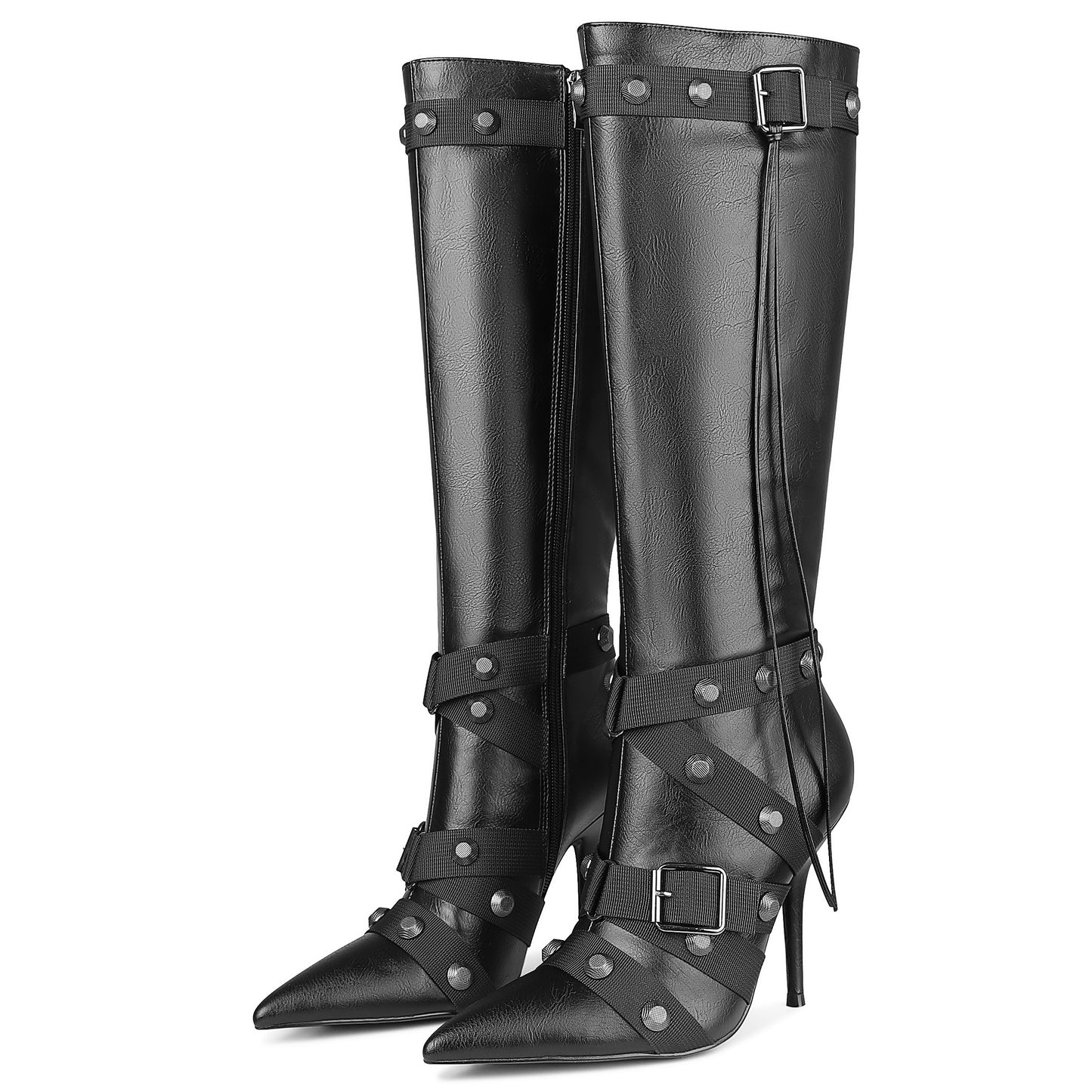 Stiletto Boots For Women, Knee High Boots Pointy Toe High Heels, Side Zipper Bucke Revets Tassel Boots, Ladies Dressy Party Boots