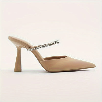Women's Backless High Heels, Rhinestone Pointed Toe Slip On Stiletto, Elegant Banquet & Party Shoes