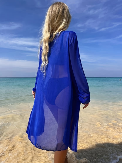 Plain Blue Medium Stretch 3 Piece Set Swimsuits, Star Shaped Accessory Decor V Neck Bikini & Long Sleeve Mesh Cover Up Kimono, Women's Swimwear & Clothing