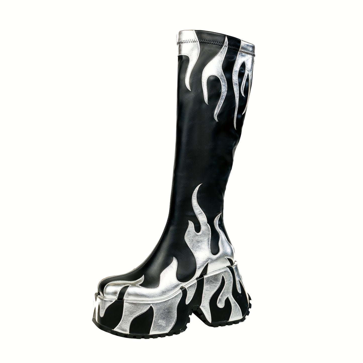 Women's Knee-high Boots With Side Zipper, High Heels, Flame Design, And Thick Soles