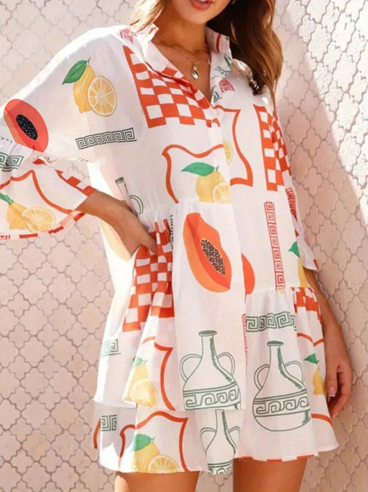 Plus Size Fruit Print Dress - Vibrant Lemon, Orange & Pomegranate Design with Checkered Background, Casual Vacation Style, Machine Washable, Women’s Loose-Fit Summer Dress, Easy Maintenance Clothing | Flowy Fabric Outfit