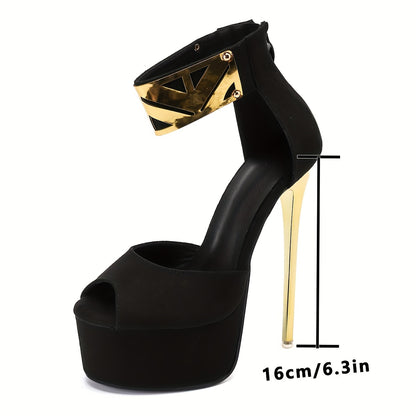 Glamorous Golden Sequin Open-Toe Stiletto Sandals for Women - Fashionable High Heels with Ankle Strap, Non-Washable Velvet Upper & Rubber Sole