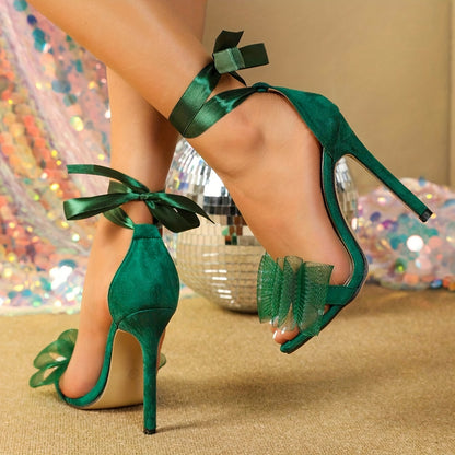 Women's Bow Decor Thin High Heels, Elegant Open Toe Lace Up Stiletto Sandals, Fashion Banquet Dress Shoes