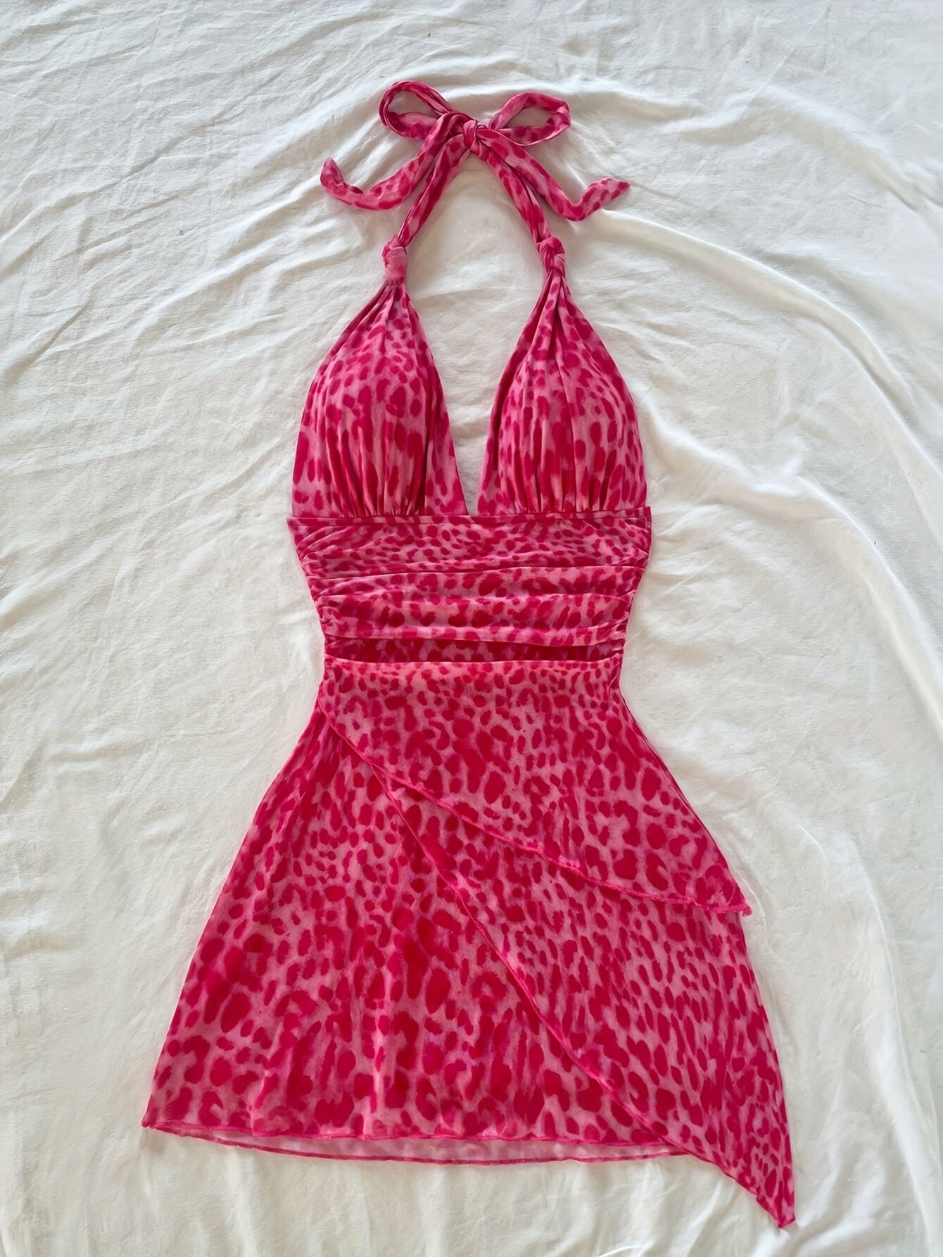 Women's Retro Leopard Print Halter Neck Backless Dress with Ruching & Mesh Detail - Lightweight Summer Vacation Beach Party Dress, Machine Washable, Beach Dresses