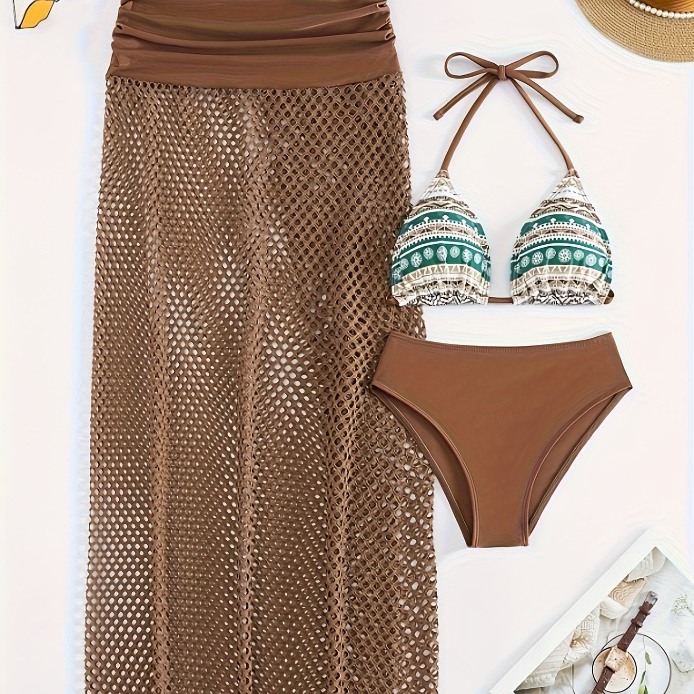 3 Piece Set Tribal Print Bikini - Halter Neck High Cut Swimsuit with Hollow Out Cover-Up Skirt, Women's Swimwear & Clothing for Beach Vacation