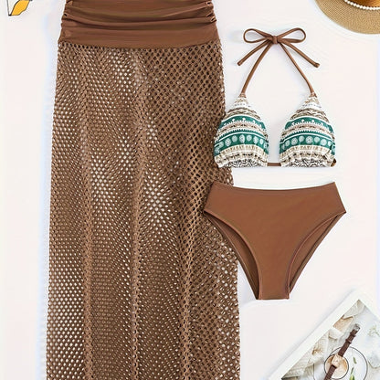 3 Piece Set Tribal Print Bikini - Halter Neck High Cut Swimsuit with Hollow Out Cover-Up Skirt, Women's Swimwear & Clothing for Beach Vacation