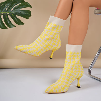 Women'S Elegant Houndstooth Sock Booties, Pointed Toe Stiletto High Heels, Slip-on Dress Boots for All Seasons, Comfortable Dress Footwear for Parties and Banquets