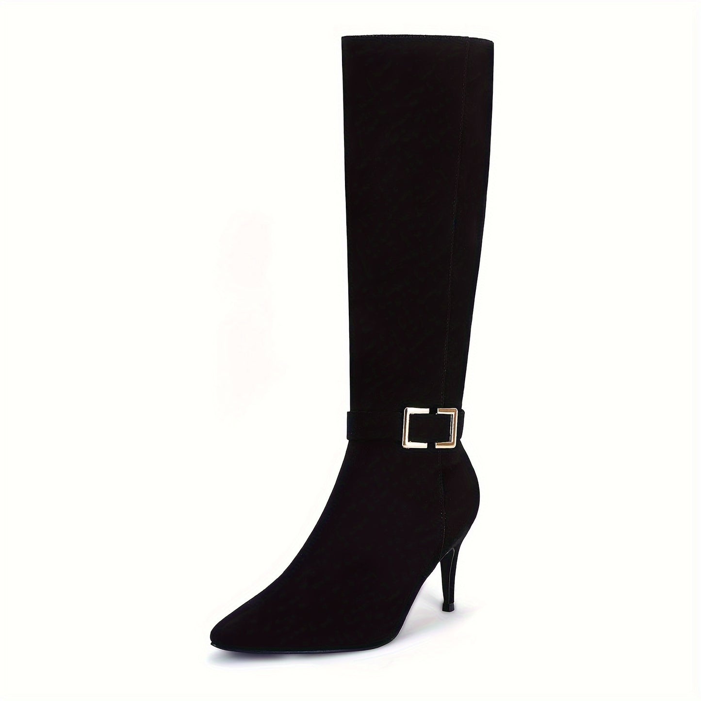 Women's Knee High Boots, High Heels, Suede Leather, Pointed Toe, Wide Calf, Metal Buckle, Side Zipper, Winter Boots