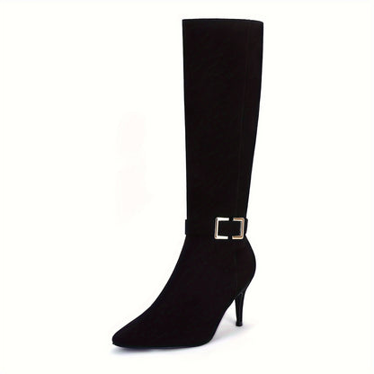 Women's Knee High Boots, High Heels, Suede Leather, Pointed Toe, Wide Calf, Metal Buckle, Side Zipper, Winter Boots