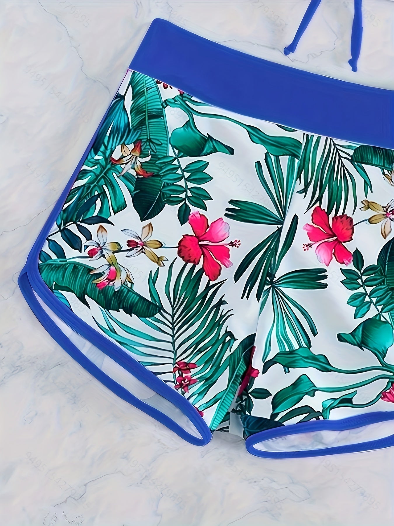 2 Piece Tropical Floral Print Halter V-Neck Bowknot Bikini Set - High Stretch, Quick Dry, Hand Washable, Comfortable Swimwear for Women with Random Floral Pattern and Contrast Trim Details - Polyamide Material, Knit Fabric, N