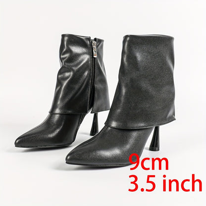 Black pointed high-heeled boots with side zipper cuffs, winter fashion slim heels, midsole boots, short boots for women