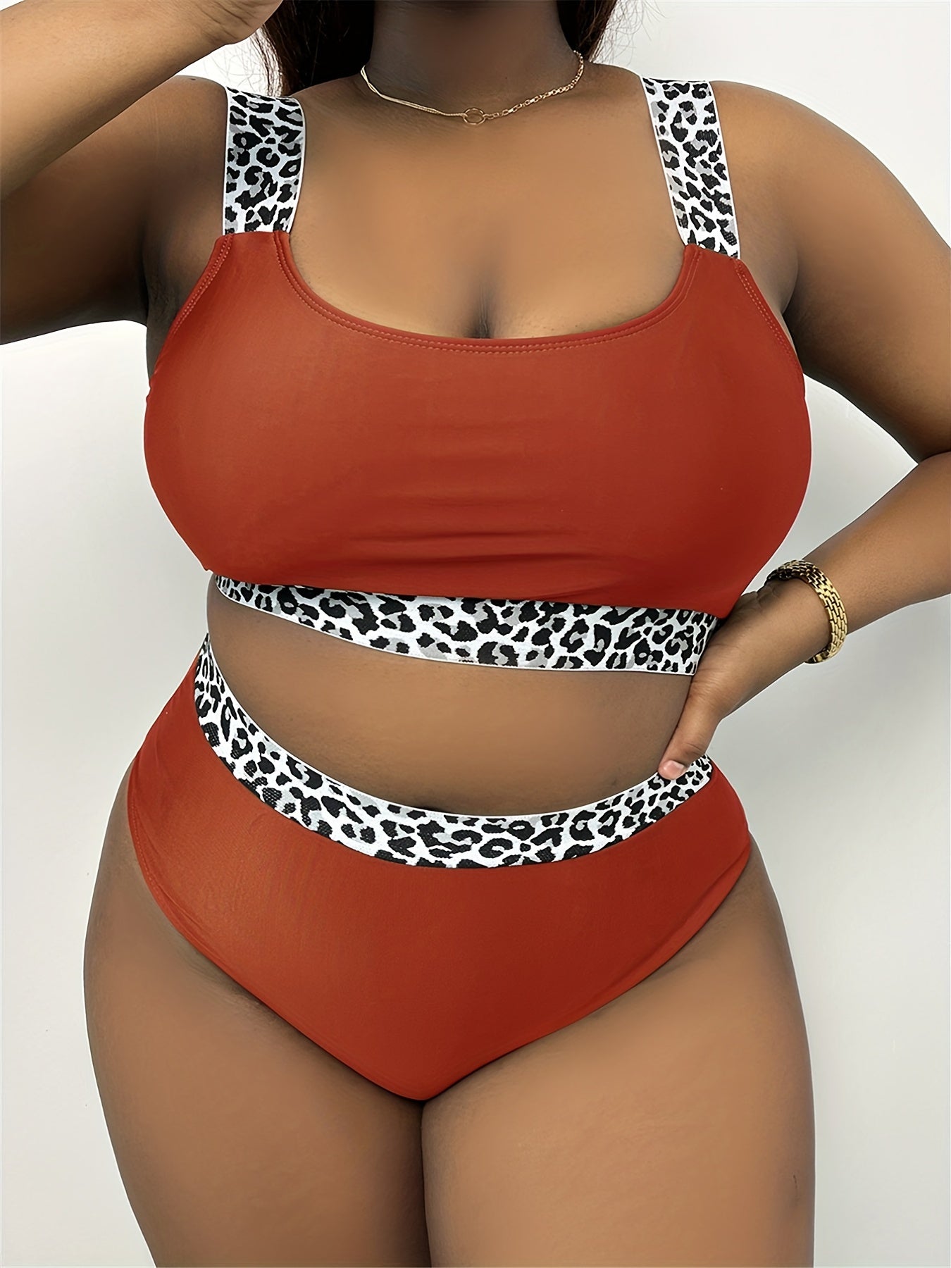Plus Size Solid Leopard Print Bikini Set