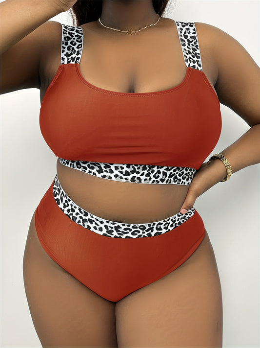 Plus Size Solid Leopard Print Bikini Set