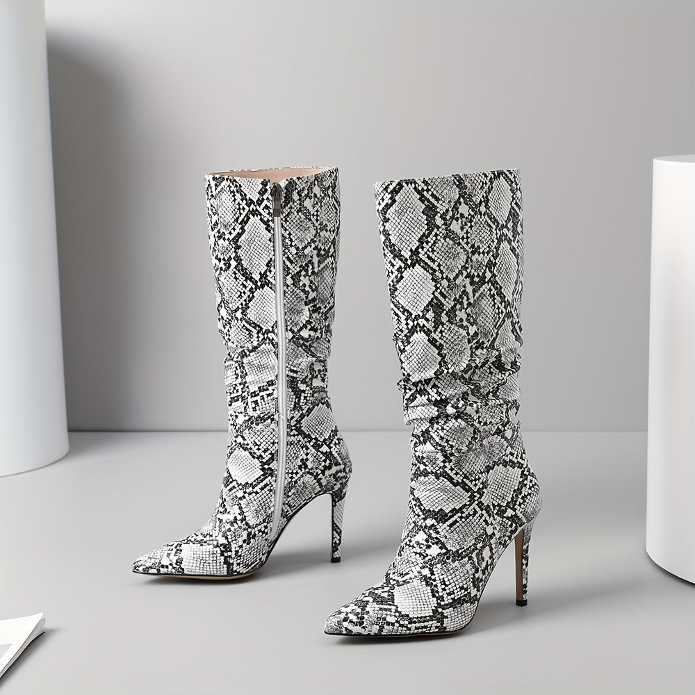 Women's Snakeskin Knee High Boots: Exquisite Pointed Toe, Fine High Heels, Pleated Design