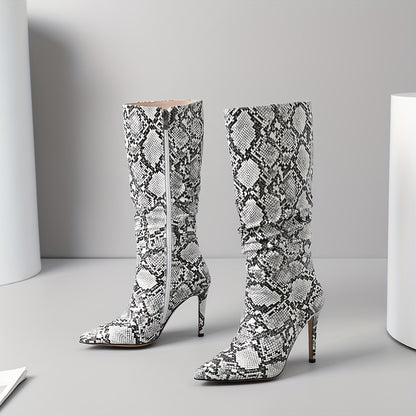 Women's Snakeskin Knee High Boots: Exquisite Pointed Toe, Fine High Heels, Pleated Design