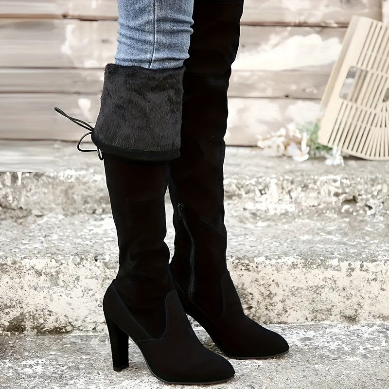 Women's Solid Colored Long Boots With Thick Heels And Side Zippers, Knee Boots, Winter Lace Round Toe Repair Boots