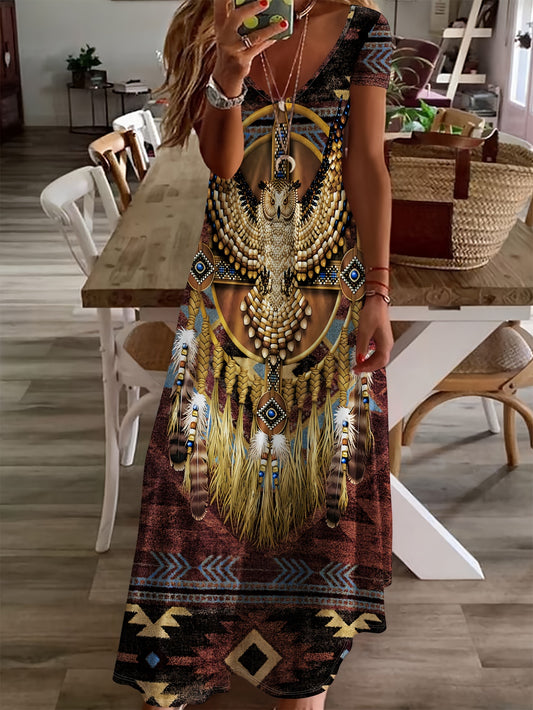 Bohemian Tribal Print V-neck Summer Dress - Lightweight & Stylish - Perfect for Vacations & Casual Wear - Womens Fashion